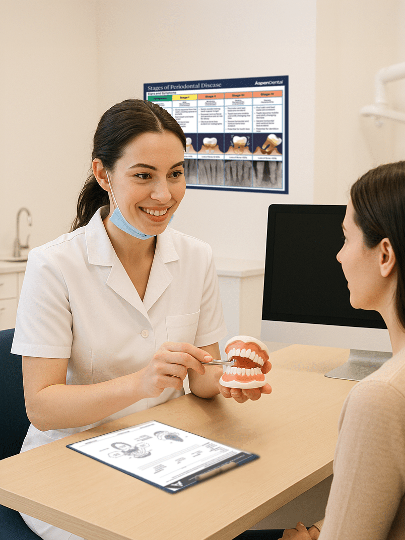 A smiling female dental professional in a white uniform and light blue mask holds a model of a jaw and teeth, demonstrating a concept to a patient across a desk, with a dental health poster visible on the wall behind them.