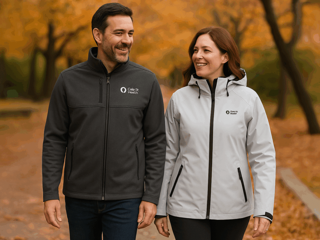 A smiling man and woman stand side-by-side outdoors, both wearing branded gray and white jackets with the dark green "Oak St. Health" logo on the chest.