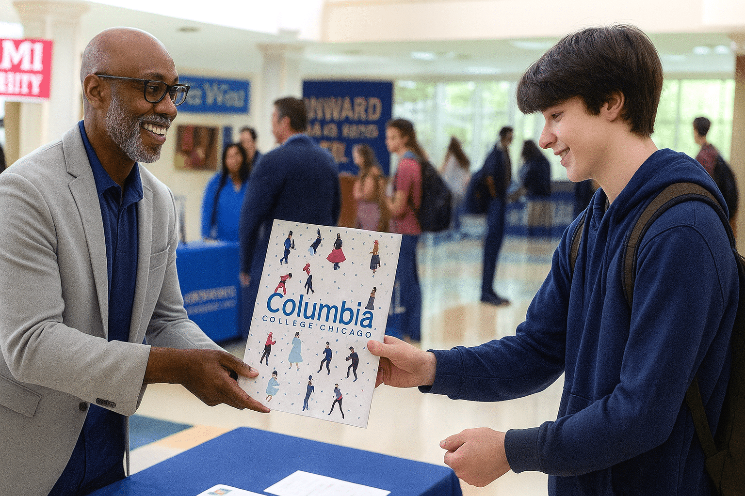 A smiling faculty member (or staff) in a gray suit jacket hands a brochure with the "Columbia College Chicago" logo and diverse student illustrations to a smiling young male student in a dark blue hoodie and backpack.