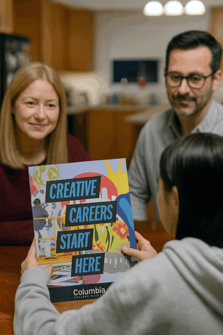 A smiling faculty member (or staff) in a gray suit jacket hands a brochure with the "Columbia College Chicago" logo and diverse student illustrations to a smiling young male student in a dark blue hoodie and backpack.