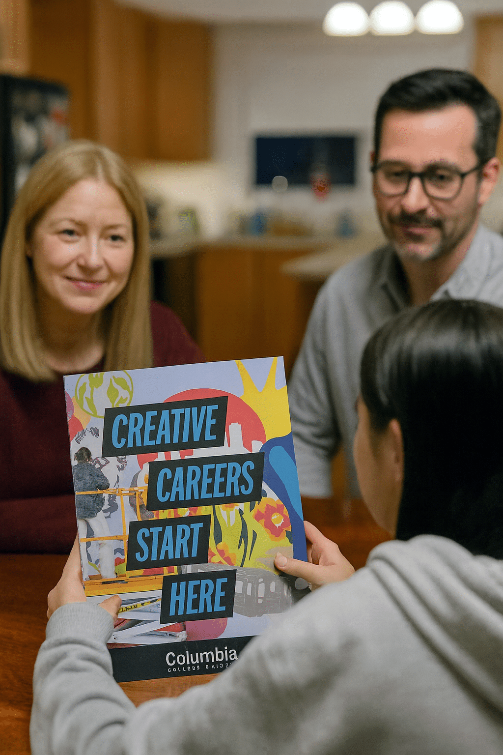 A smiling faculty member (or staff) in a gray suit jacket hands a brochure with the "Columbia College Chicago" logo and diverse student illustrations to a smiling young male student in a dark blue hoodie and backpack.
