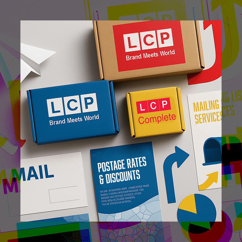 A close-up of branded boxes, a brochure, and graphic designs, including LCP Brand Meets World, LCP Complete, Mailing Services, and Postage Rates & Discounts, illustrating direct mailing and printing services.