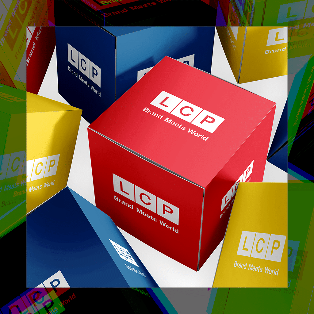 Red, yellow and blue cardboard boxes with the LCP logo and slogan "Brand Meets World" on them.
