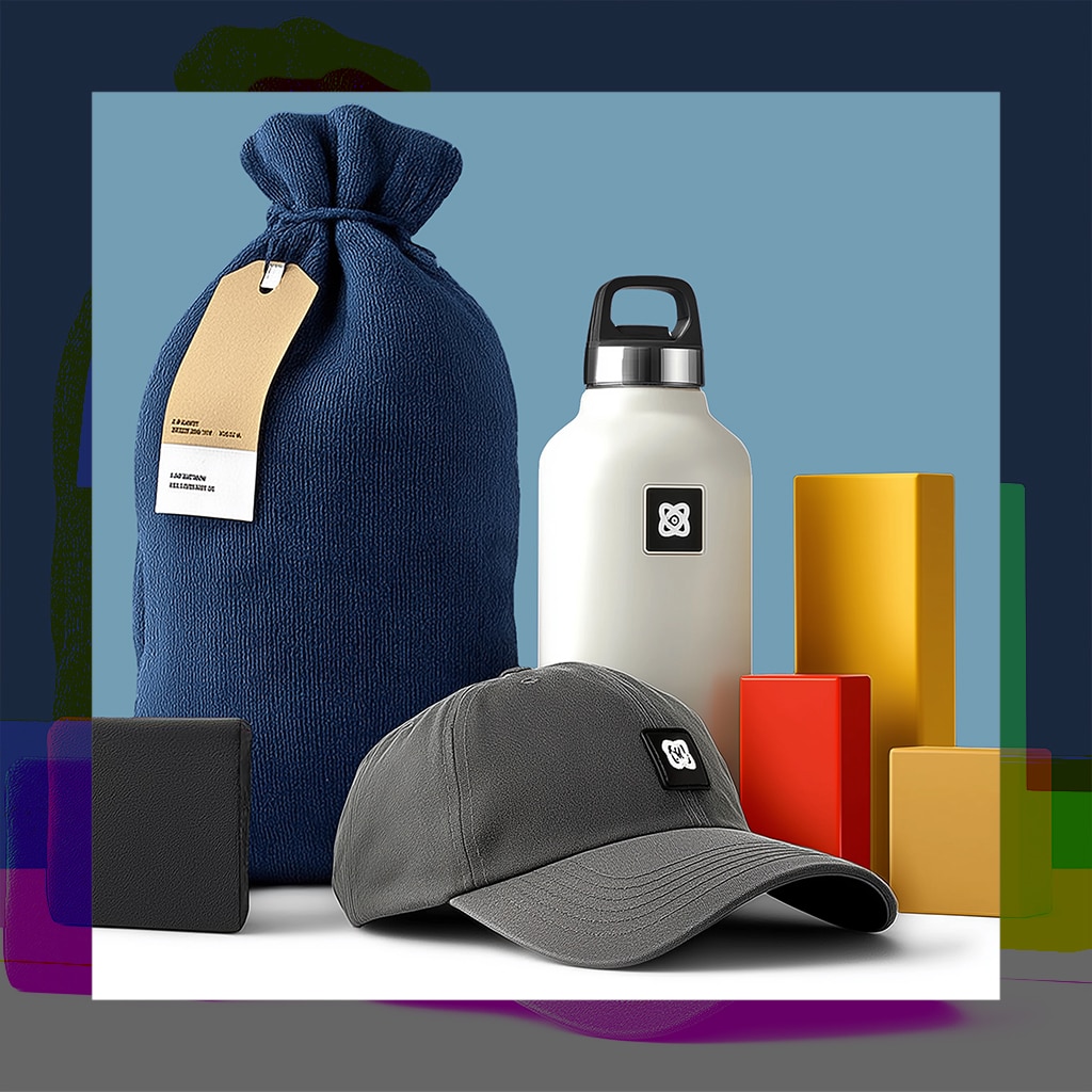 Merchandise set including a dark blue drawstring bag, a white water bottle, and a gray baseball cap.