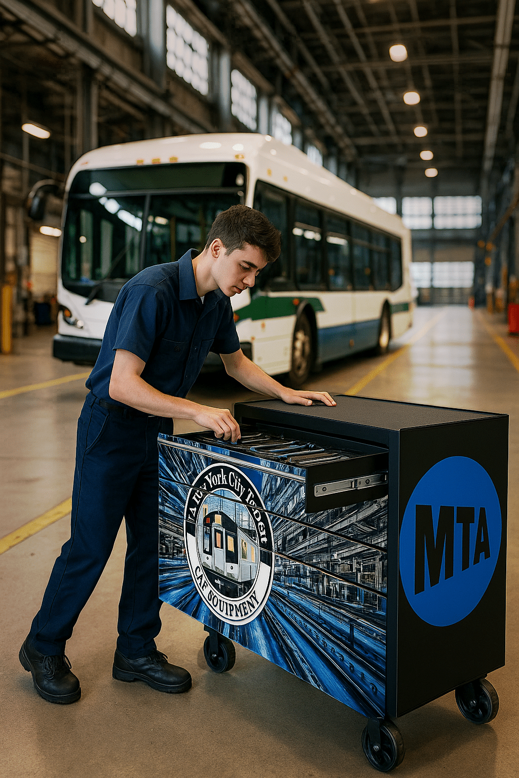 A young technician in a dark uniform opens a custom black Snap-on toolbox with a large blue and white MTA (Metropolitan Transportation Authority) logo decal, standing inside a maintenance garage next to a white and green transit bus.