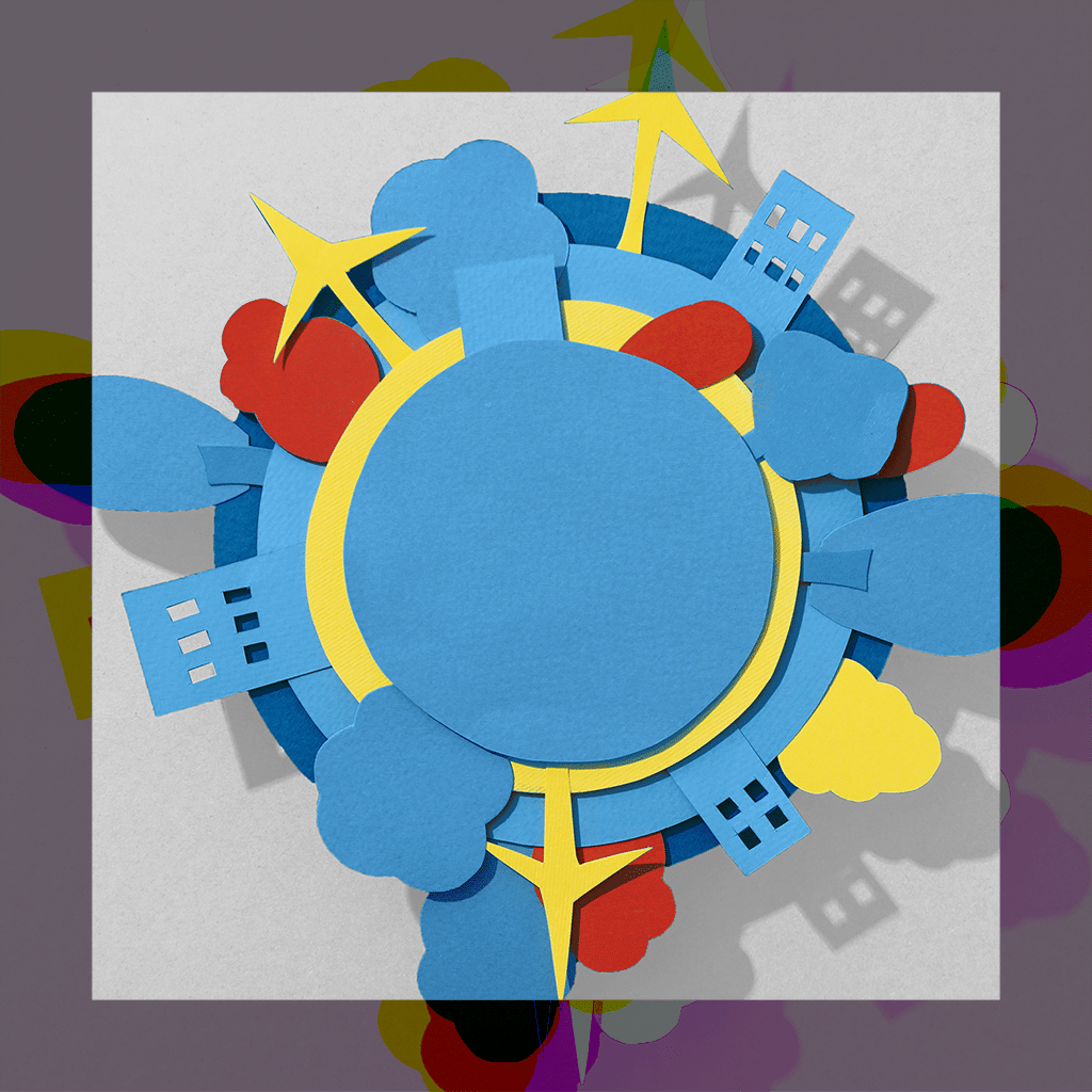 Paper cut outs of buildings and trees